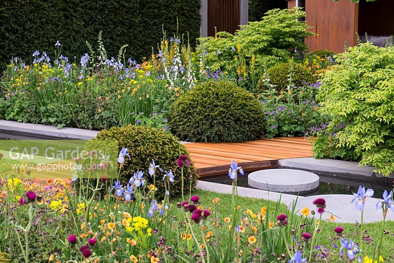 A wooden path winds past a rill, clipped yew domes, and beds of perennials. The Homebase Urban Retreat Garden, in association with Macmillan Cancer Support. 