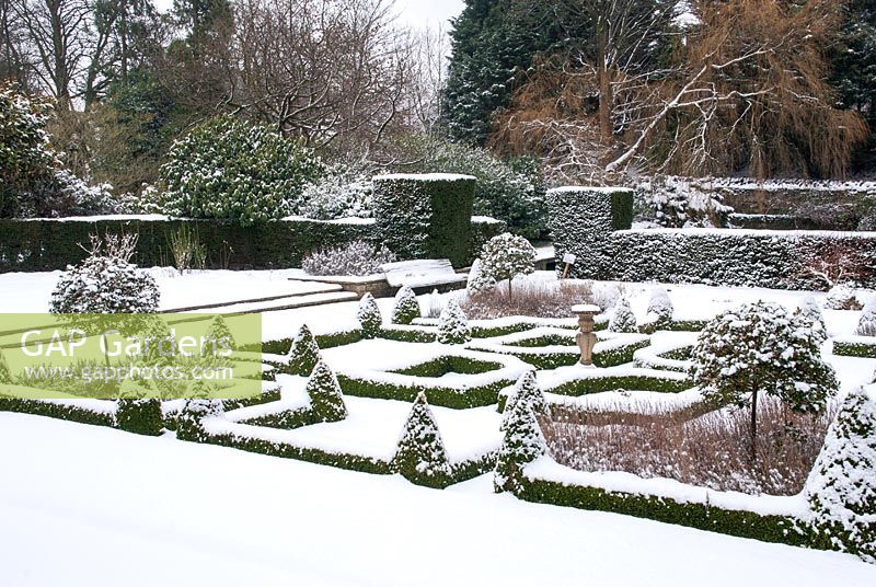 The parterre at Kilver Court in Somerset, covered in snow