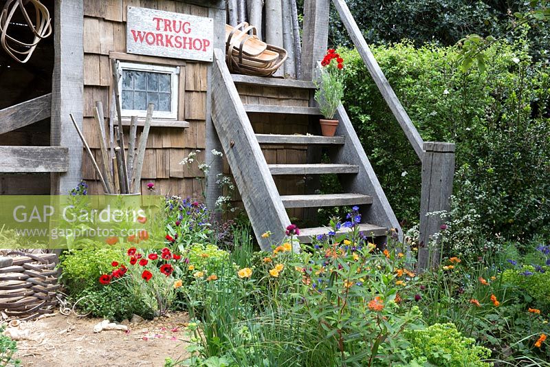 Traditional timber workshop - A Trugmaker's Garden. RHS Chelsea Flower Show, 2015