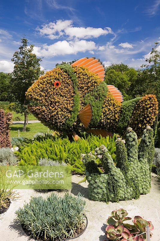 Living plant sculptures in summer called 'Small Clownfish and Anemone' created on metal mesh forms filled with earth and planted with various plants and grasses. Montreal Botanical Garden, Montreal, Quebec, Canada
