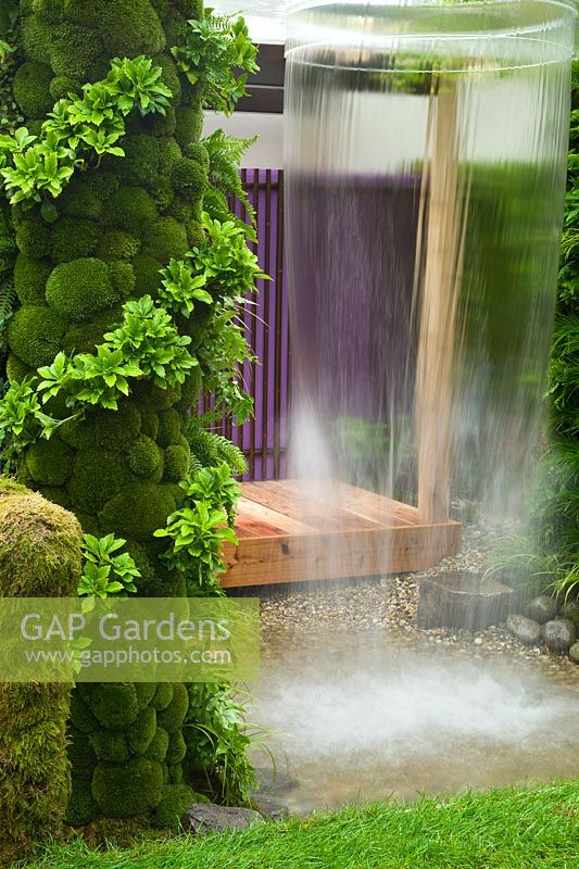 Contemporary garden with water feature and living green walls of foliage plants and moss. Home - Personal Universe Garden by T's Garden Square.  RHS Chelsea Flower Show, 2015