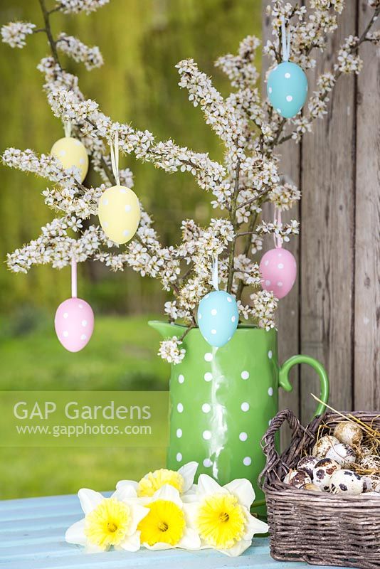 Decorative eggs hanging from blossoming spring foliage in a green polkadot jug, accompanied with Daffodils and Quail eggs