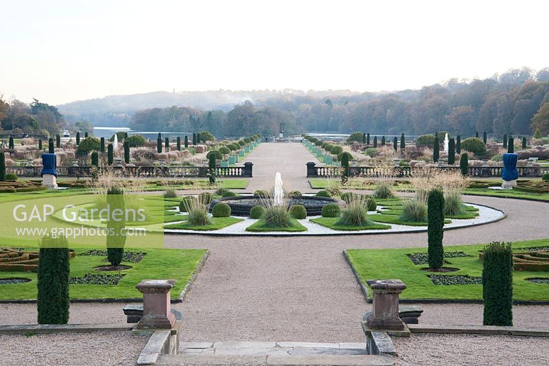 The Upper Flower Garden, restored to Sir Charles Barry's 19th century design, features fountains, Irish yews and clipped box spheres, Trentham Gardens