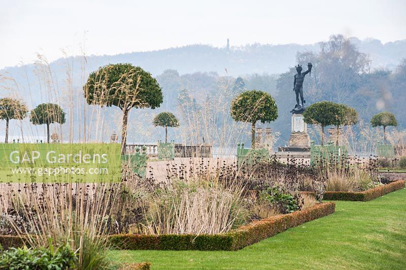 View through faded ornamental grasses in box edged beds and Versailles planters of clipped Portuguese laurels - Prunus lusitanica in the Italian garden to countryside beyond, Trentham Gardens