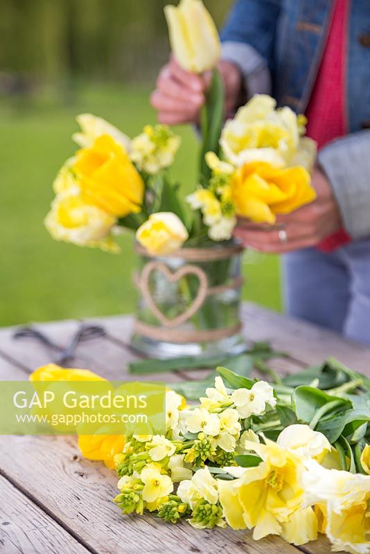 Creating a Floral display with fresh cut Tulipa 'Sunny Boy', Tulipa 'Creme Lizard', Tulipa 'Golden Apeldoorn', Cheiranthus cheiri 'Ivory White'