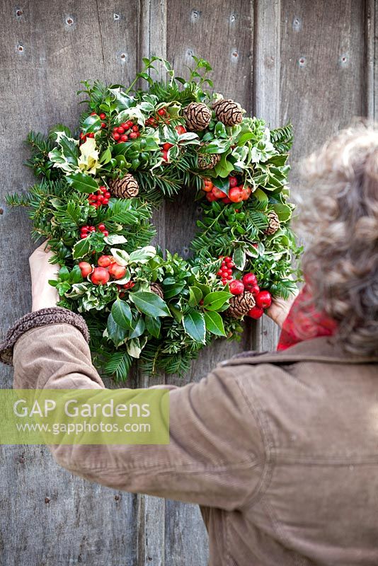 Gabbi Reid hanging completed Christmas wreath on a door. Gabbi's Garden, December.