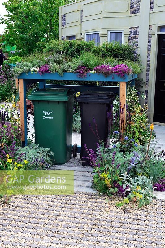 Living roof on refuse bin shelter - RHS Hampton Court Palace Flower show 2015