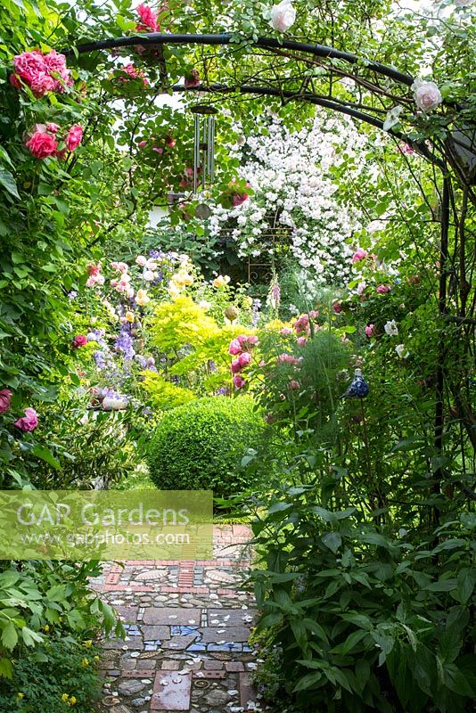 Seen through a rose arch with wind chimes, box sphere next to crazy paving in the middle of a romantic garden with roses and Japanese Maple. Plants are Rosa 'Paul's Himalayan Musk', 'Rosarium Uetersen' and Buxus