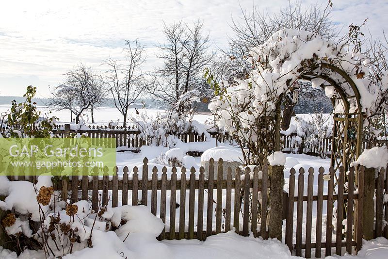 Winter scene with farmer's garden surrounded by a wooden fence