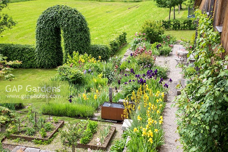 View from above to Iris borders with water feature and metal framed vegetable patches,  Fagus sylvtica