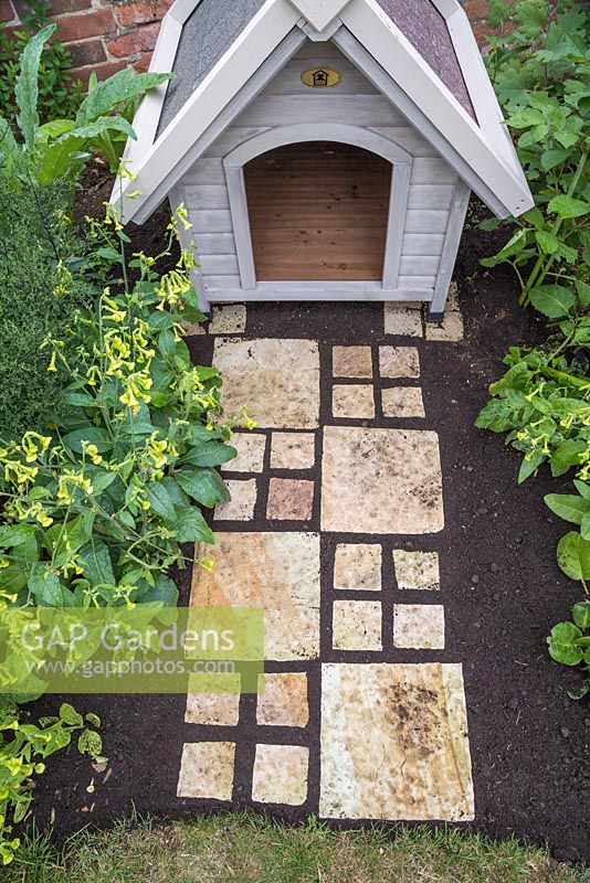York stone slab path filled in with soil, leading up to dog kennel