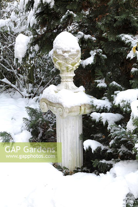 Winter scene with pinecone on pillar against picea - Welsch Garden, Berlin, Germany