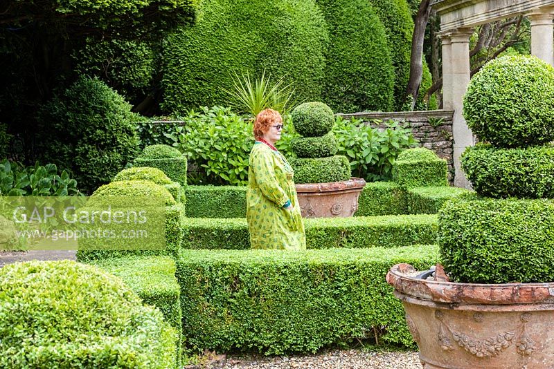 Visitor in the Formal garden next to the Great Terrace colonnade and Casita. Hedges and topiary of Buxus sempervirens. Clipped Yew behind. Terracota pot from Italy.Iford manor, Bradford-on-Avon, Wiltshire. July. Garden designed and created by Harold Peto. Historic garden grade I.
