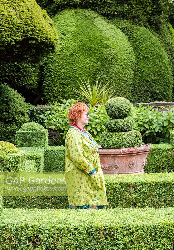 Visitor in the Formal garden next to the Great Terrace colonnade and Casita. Hedges and topiary of Buxus sempervirens. Clipped Yew behind. Terracota pot from Italy. Iford manor, Bradford-on-Avon, Wiltshire. July. Garden designed and created by Harold Peto. Historic garden grade I.