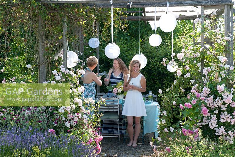 Women in garden. Pavilion with Rosa, Parthenocissus, Lavandula, Lychnis coronaria and lanterns
