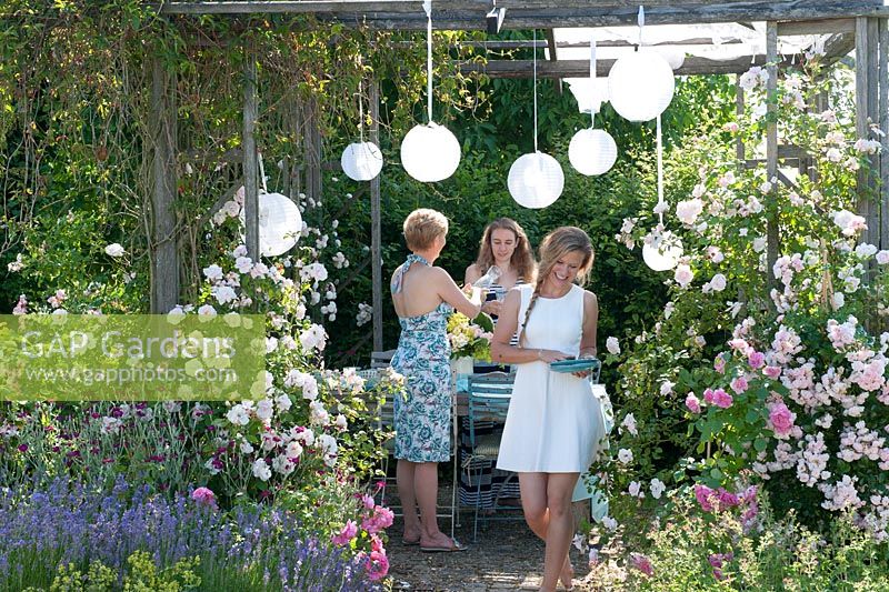 Women in garden. Pavilion with Rosa, Parthenocissus, Lavandula, Lychnis coronaria and lanterns 
