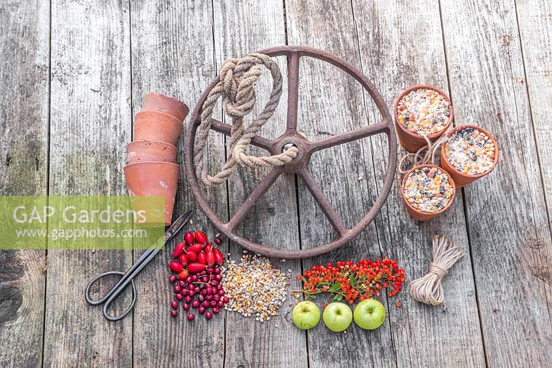 Ingredients required to make a Wheel Bird Feeder. Weathered old wheel, scissors, terracotta pots, seeds, wild berries and fruit, string, lard