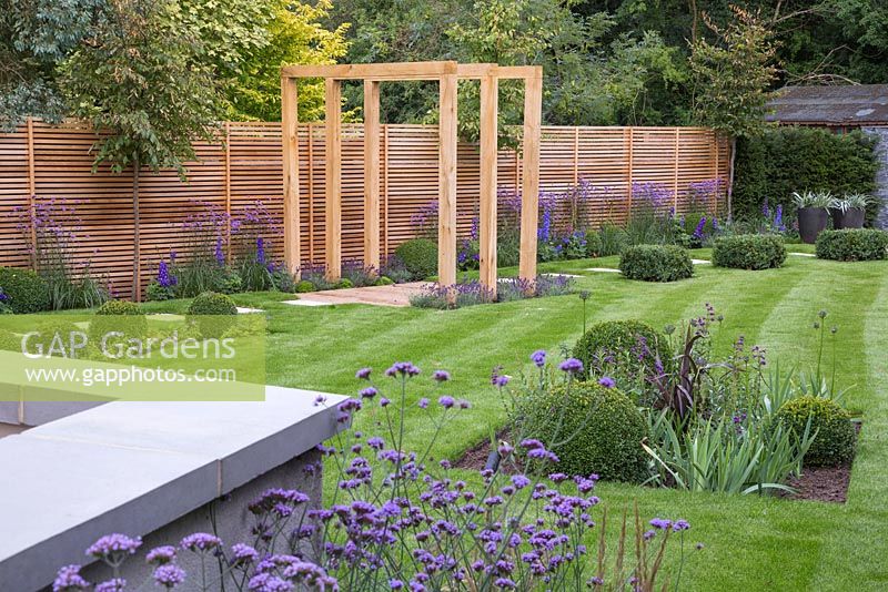View of the Pergola in the middle of the path, surrounded by Buxus sempervirens cubes and Verbena bonariensis