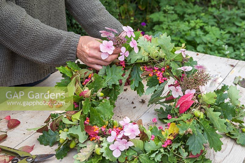 Evenly distribute the hydrangea flowers as you add them to the wreath