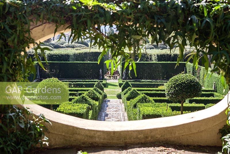 View from the limonaia to the Green Garden. Villa I Tatti, Florence, Italy. September. Garden designed by Cecil Pinsent for Bernard Berenson. Built between 1911 and 1919 and considered one of the first examples of Renaissance Revival gardens. Owned by Harvard University.