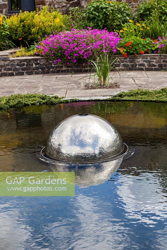 The Sunken Garden. Water Feature by William Pye. Aberglasney Garden, Llangathen, Carmarthenshire, Wales. July. 