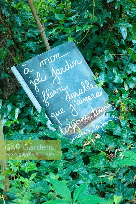 Inscription - 'To my lovely sustainable flower garden that I will always love' - A tip of the hat to the ecological philosophy of the Jardin des Sambucs garden in France 