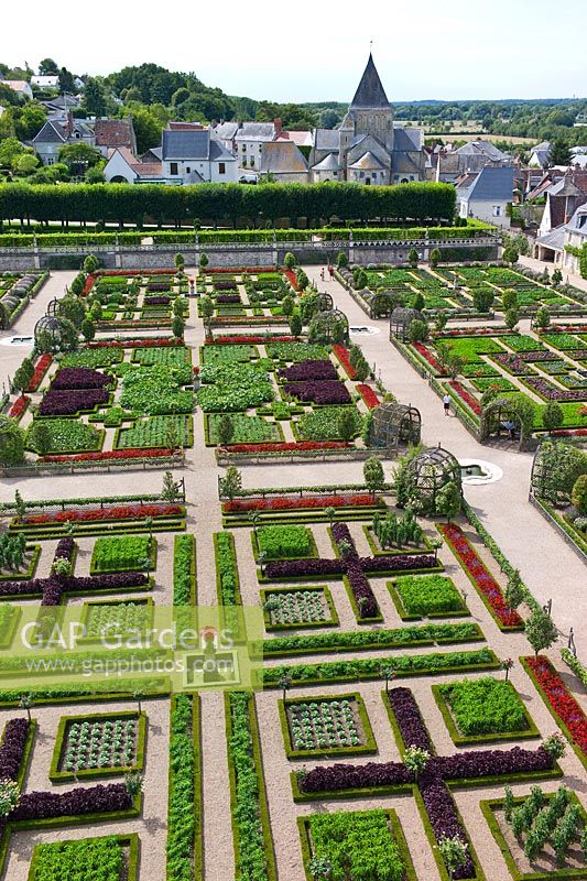 Looking down on to The Potager Garden at Chateau de Villandry, Loire Valley, France