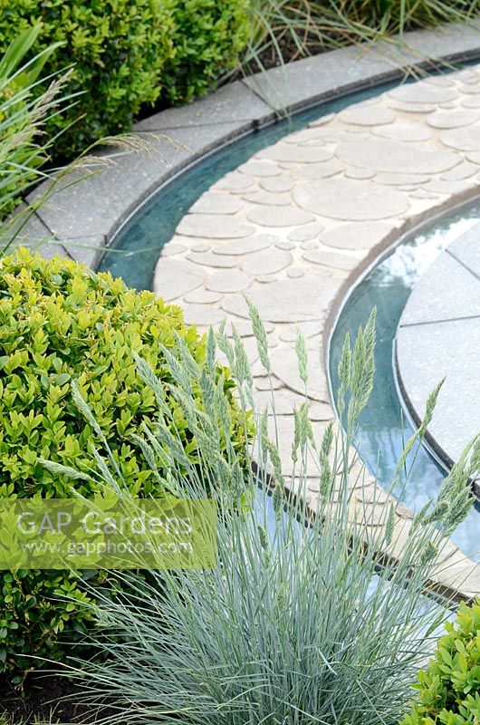Circular water feature with clipped Buxus sempervirens and Festuca glauca in foreground - 'Collision', RHS Malvern Spring Gardening Show 2011