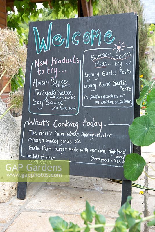 Welcome sign. The Garlic Farm. Isle of Wight. 
