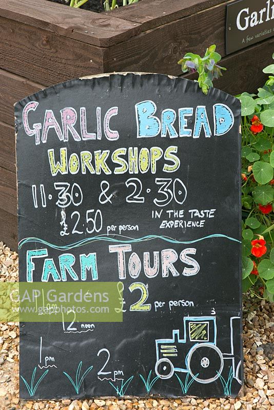 Signage. Garlic bread workshops and farm tours. The Garlic Farm. Isle of Wight. 