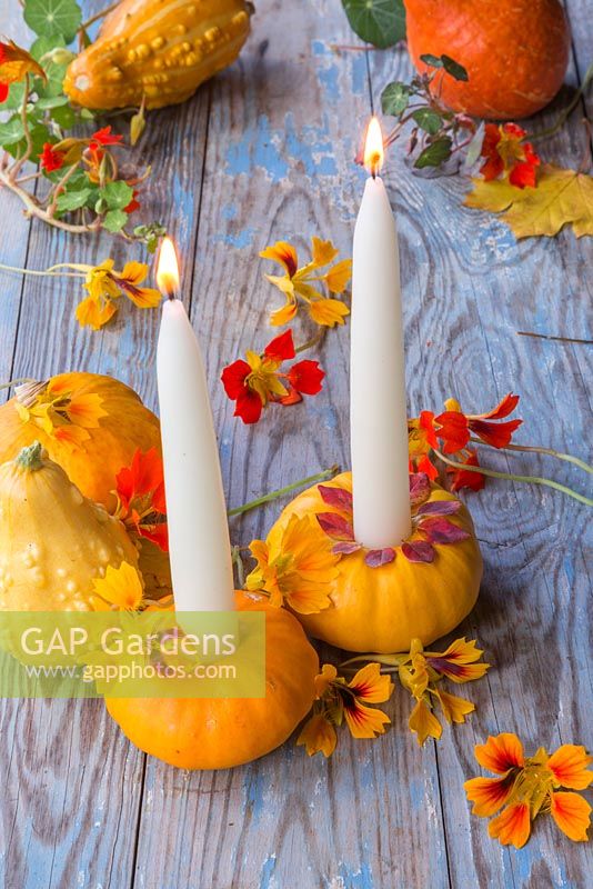 Small gourds used as candle holders decorated with nasturtium flowers