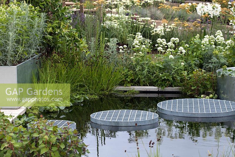 Metal mesh stepping stones over the pond in 'Maggie's Water Garden Celebrating the 25th Anniversary of Homes4U' Garden at RHS Tatton Flower Show 2015, bordered by white planting