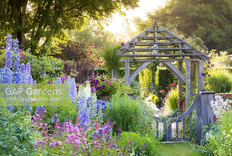 Shortly after dawn in the Sundial Garden at Wollerton Old Hall Garden, Shropshire - photographed in July. Planting includes Delphiniums, Phlox paniculata, Knautia and Campanula lactiflora. 