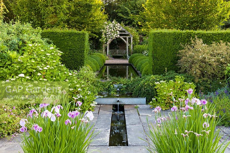 The Lower Rill Garden at Wollerton Old Hall Garden, Shropshire, planting includes Iris ensata, Hydrangeas, Geraniums, and Salvias