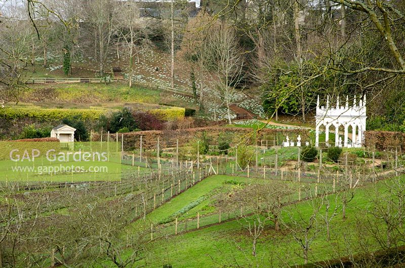 Painswick Rococo Garden, Gloucestershire in winter, The Exedra looking over the kitchen garden