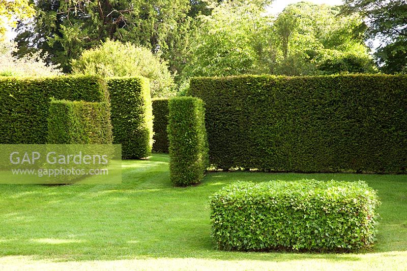 Geometric shapes of clipped Yew hedges and a cube of Hedera - Ivy. Designer Georgia Langton. Farleigh House, Hampshire.