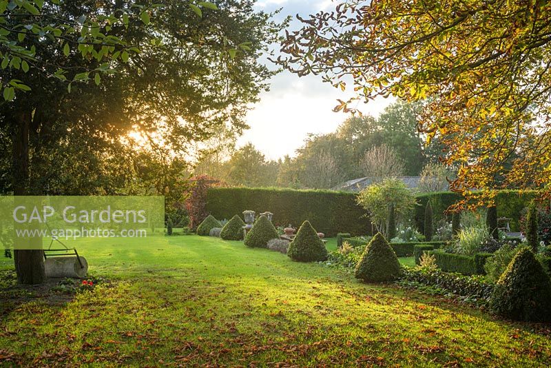 View of formal country house garden in late summer. Box edging and topiary cones, fastigiate yew trees trimmed to shape. Antique stone garden roller propped against ancient box tree.
