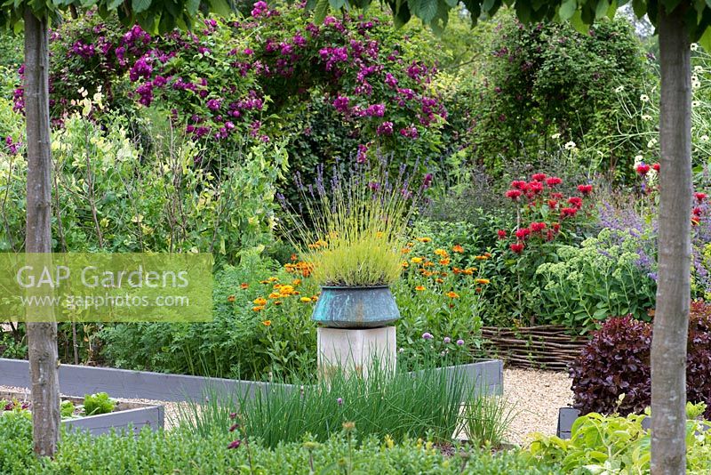 A potager with raised beds of vegetables and flowers including chives, salad leaves, peas, marigolds and bergamot. A stone plith with a copper pot of lavender provides a focal point on the central axis.