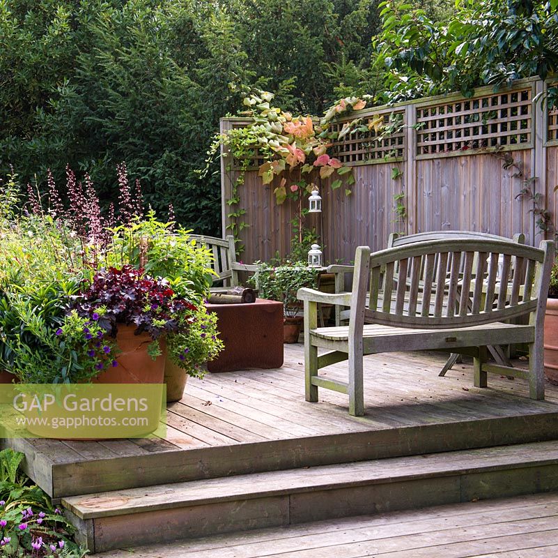 A raised wooden deck with benches and a fire pit with large terracotta container planted with Heuchera, Gaura and trailing Petunia.