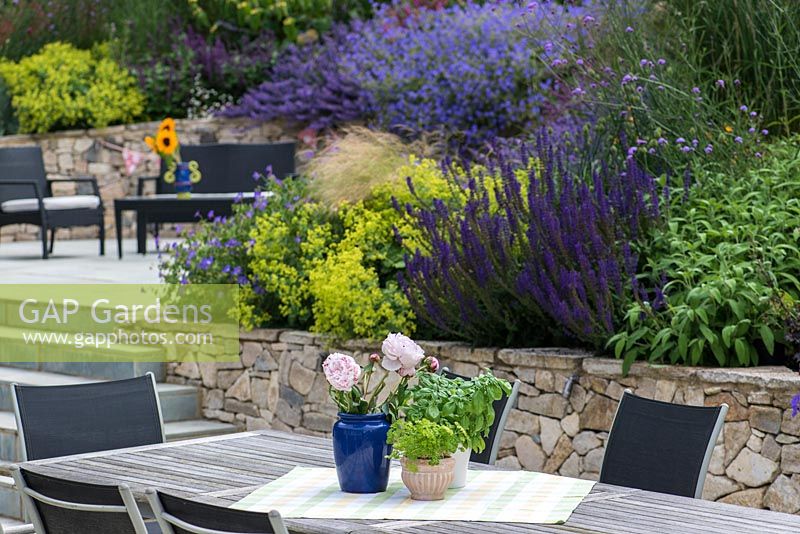 Split level dining and lounge areas in front of terraced banks planted with Salvia 'Caradonna', Alchemilla mollis and Geranium 'Rozanne'.