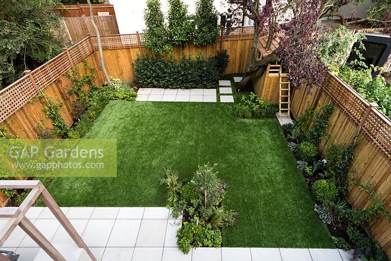 Aerial view of Astroturf used in town garden