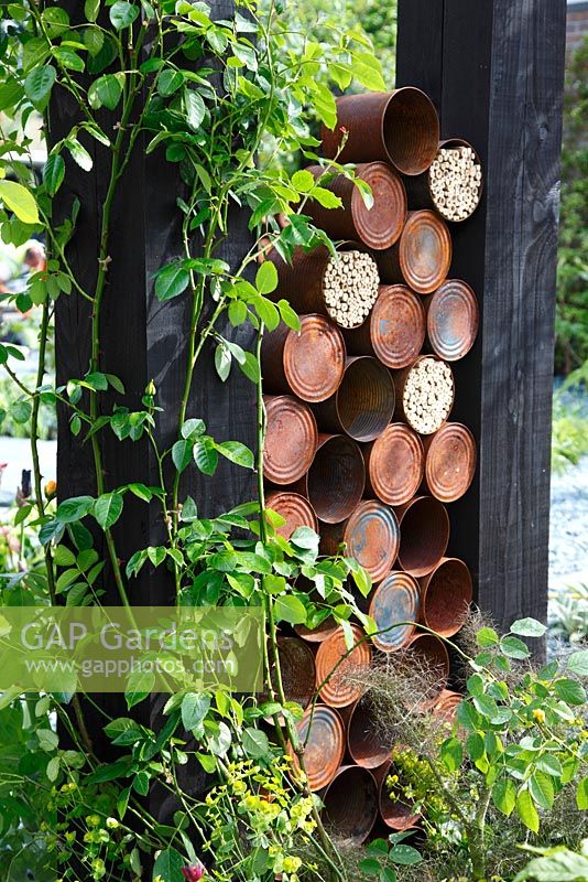 Bug house made from recycled materials in The Great Chelsea Garden Challenge Garden