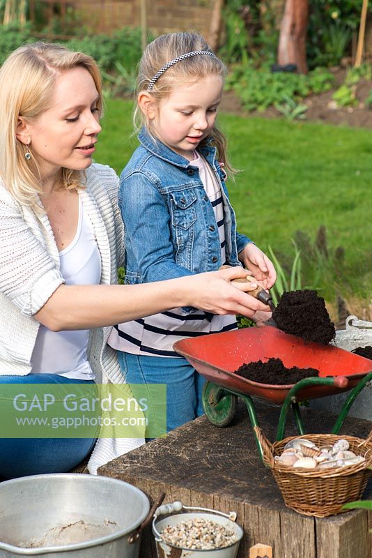 Child planting toy wheelbarrow with succulents. Fill wheelbarrow with compost.