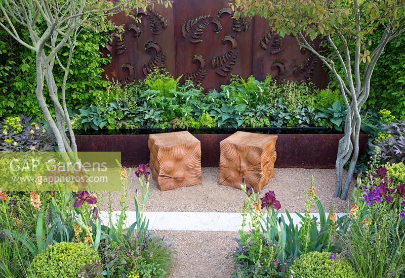 Multi stemmed Amelanchier growing out from gravel path, two oak cube wooden seats, rusted steel fern wall panel, planting of Iris, Ferns, Hosta, Verbascum and Buxus sempervirens, Constraining Nature garden - designed by Kate Durr Garden Design - Best Festival Garden award and a gold medal - RHS Malvern spring festival 2015