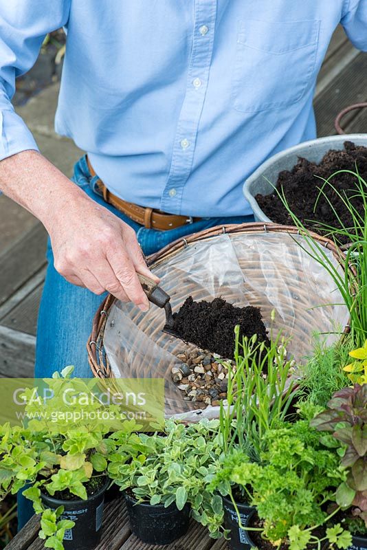 Planting a herb hanging basket step by step. Fill the bottom of the basket with gravel for drainage and then cover with potting compost.