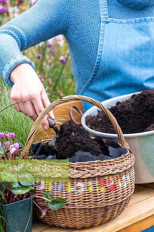 Planting an early autumn hanging basket. Add potting compost.