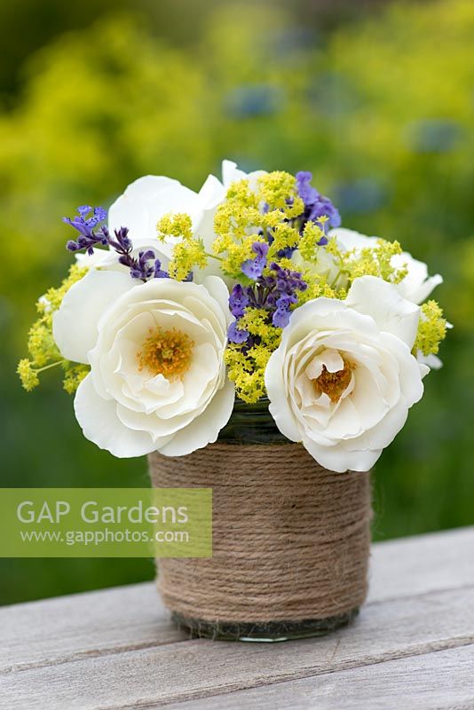 A summer posie with white roses, alchemilla and catmint in a glass jar decorated with string.