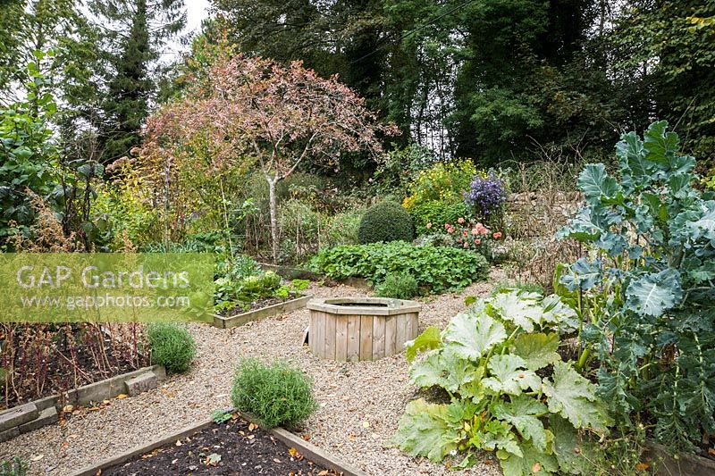 Productive garden with dipping pond at its centre and raised beds bisected by gravel paths, inset with herbs.