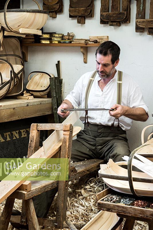 Charlie Groves making a traditional Sussex trug. Astride an old shavehorse, using a drawknife to shave willow boards thinner at either end, so they are flexible enough to press into the frame.