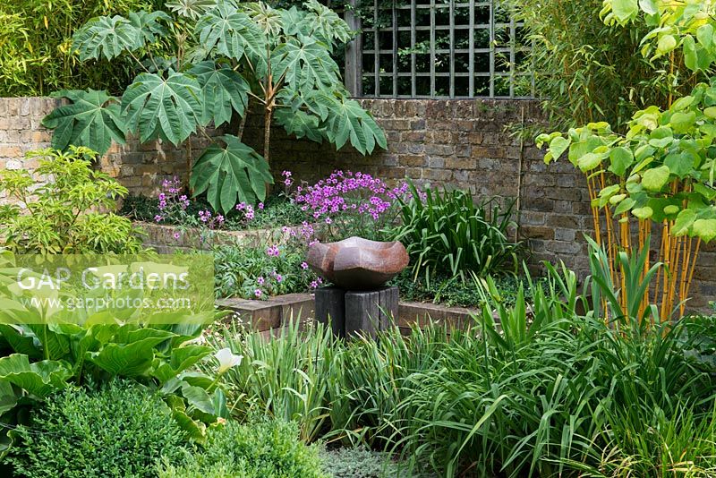 A ceramic bird bath by Sarah Walton in middle of corner courtyard. Behind, raised beds of Geranium maderense and Tetrapanax papyrifera. To right, yellow bamboo, its stems stripped of leaves. In front, box and arum lily.